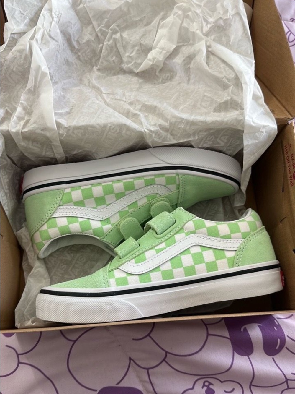 Vans Kids Checkerboard Old Skool Velcro Sneakers Green & White